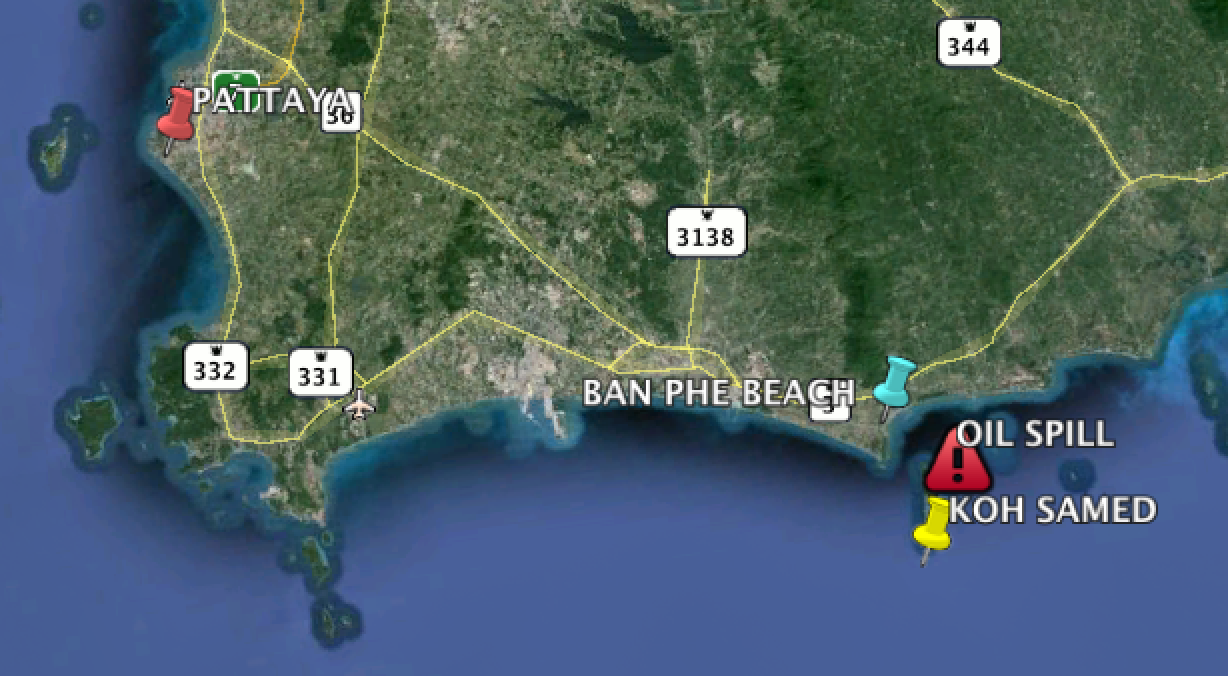 Oil spill off the Gulf of Thailand, map